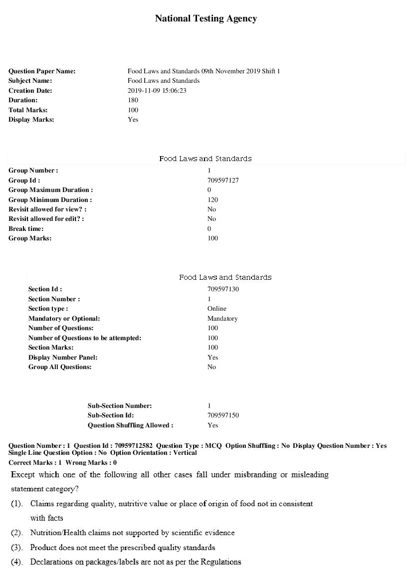 SWAYAM 2019 Question Paper Food Laws and Standards - Page 1 of 23