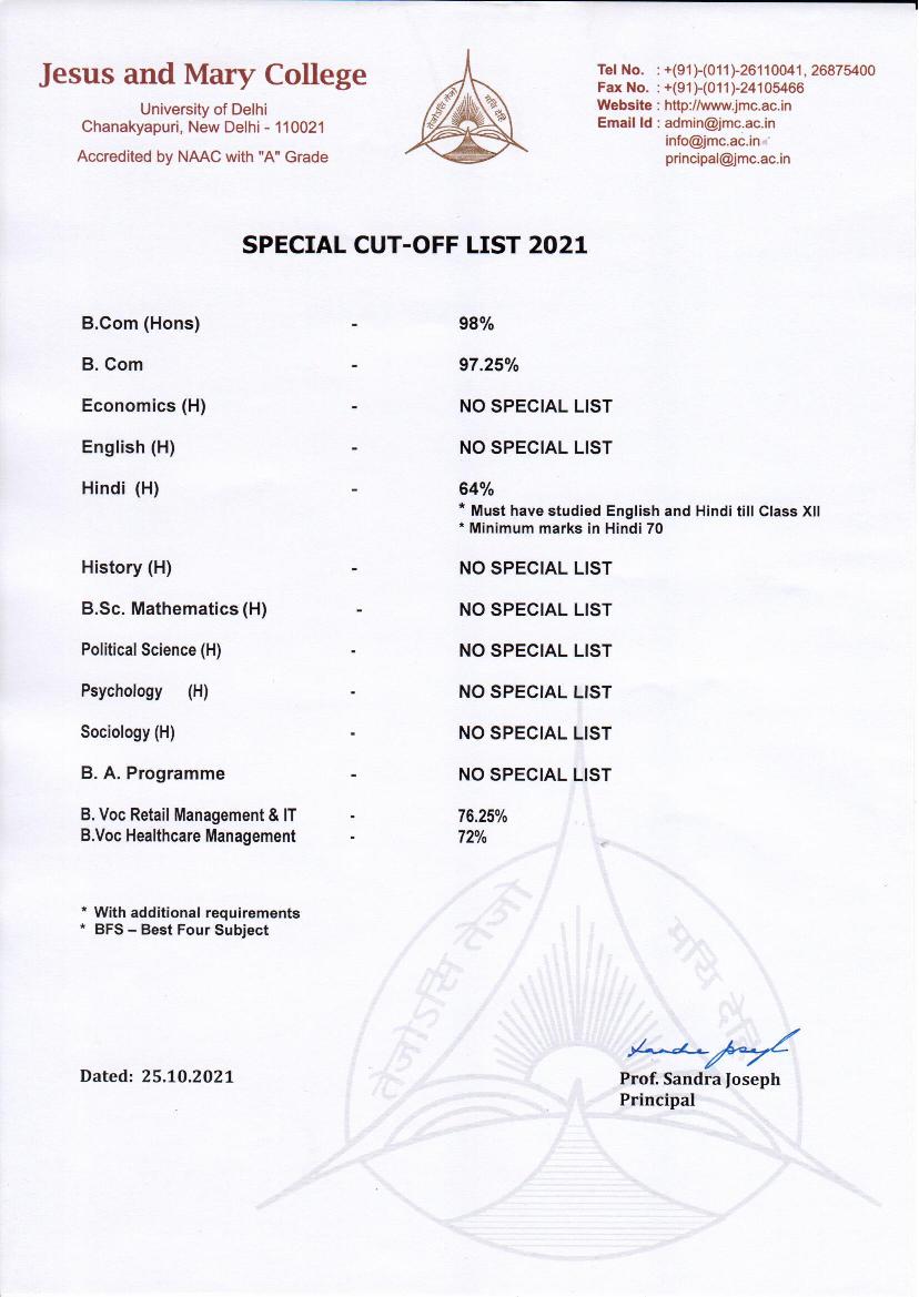 Jesus and Mary College Special Cut Off List 2021 - Page 1