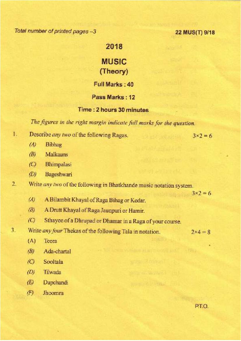 Manipur Board Class 12 Question Paper 2018 for Music - Page 1