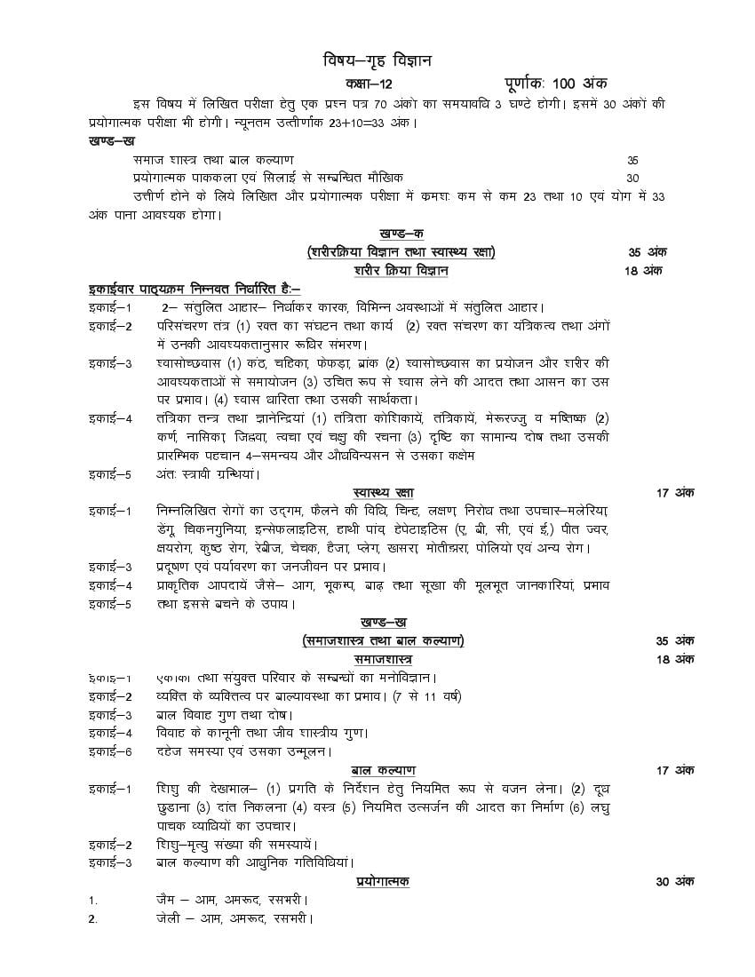 UP Board Class 12 Syllabus 2023 Home science - Page 1