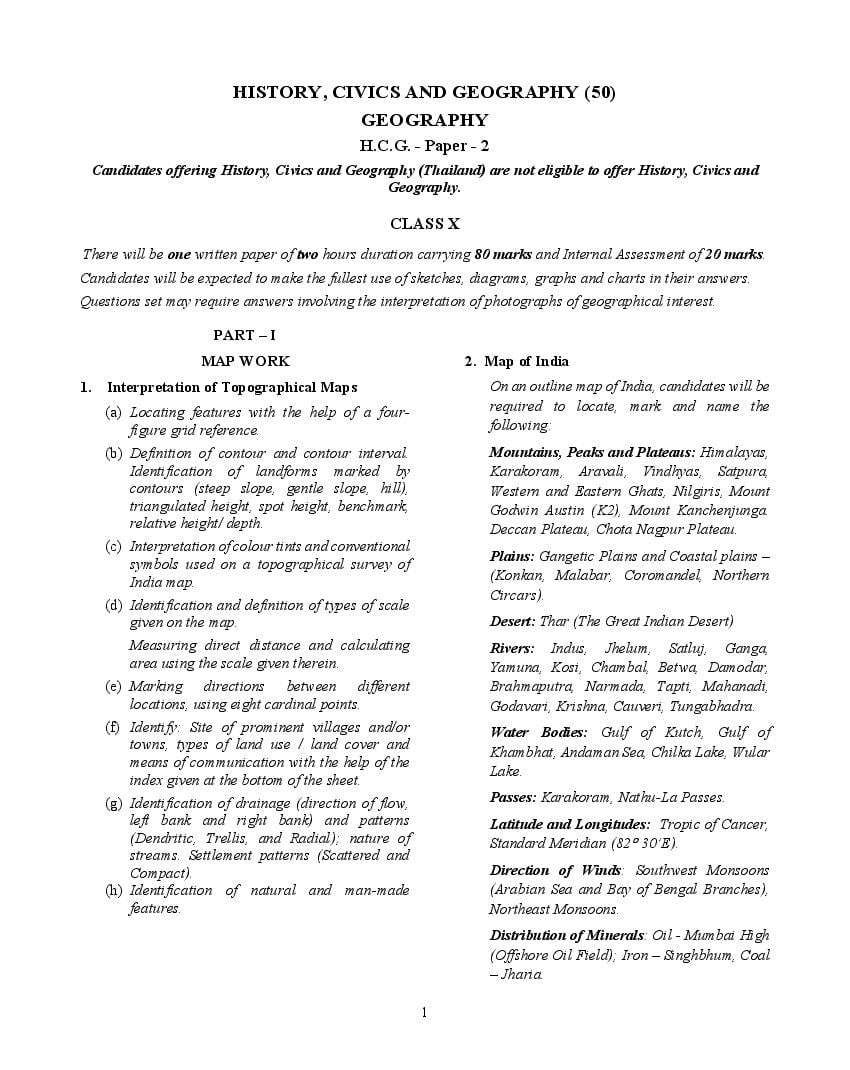 ICSE Class 10 Syllabus 2023 Geography (Revised) - Page 1