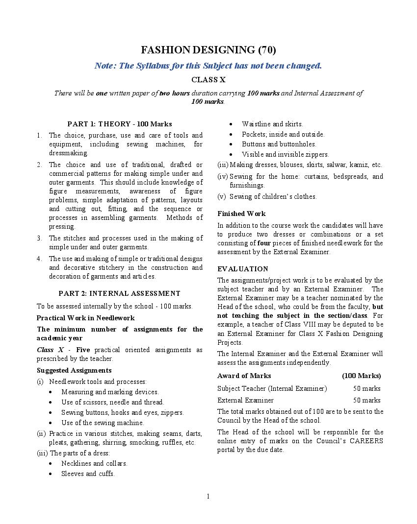 ICSE Class 10 Syllabus 2023 Fashion Designing (Revised) - Page 1