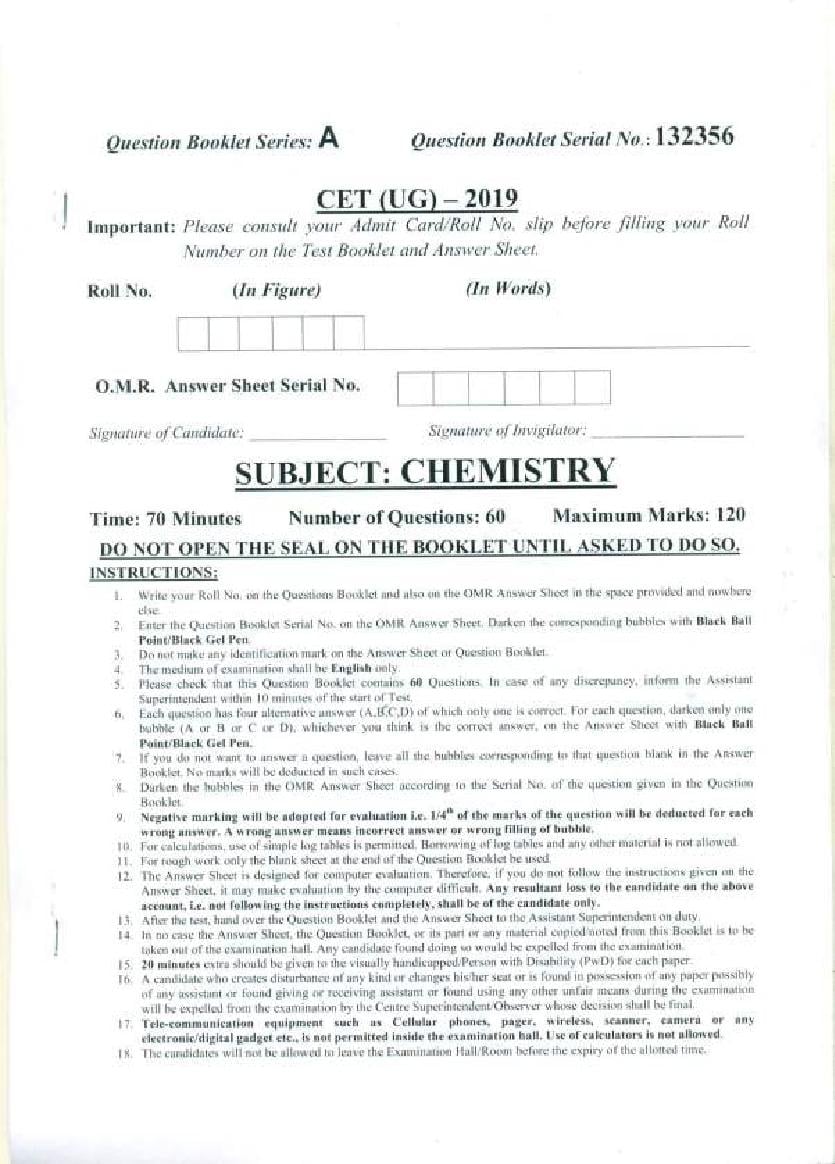 PU CET UG 2019 Question Paper Chemistry - Page 1