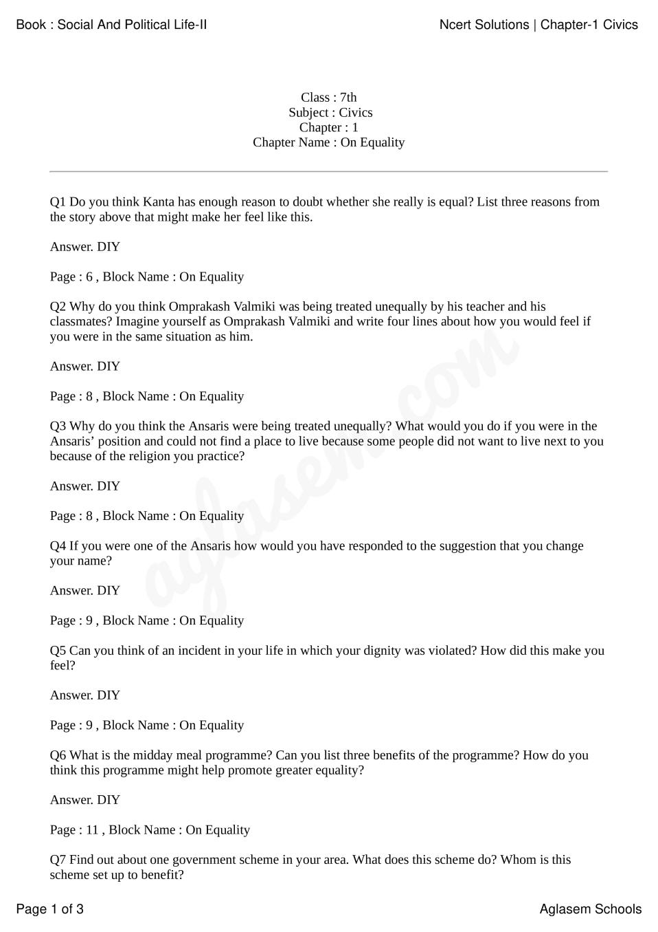 NCERT Solutions For Class 7 Civics Chapter 1 On Equality PDF 