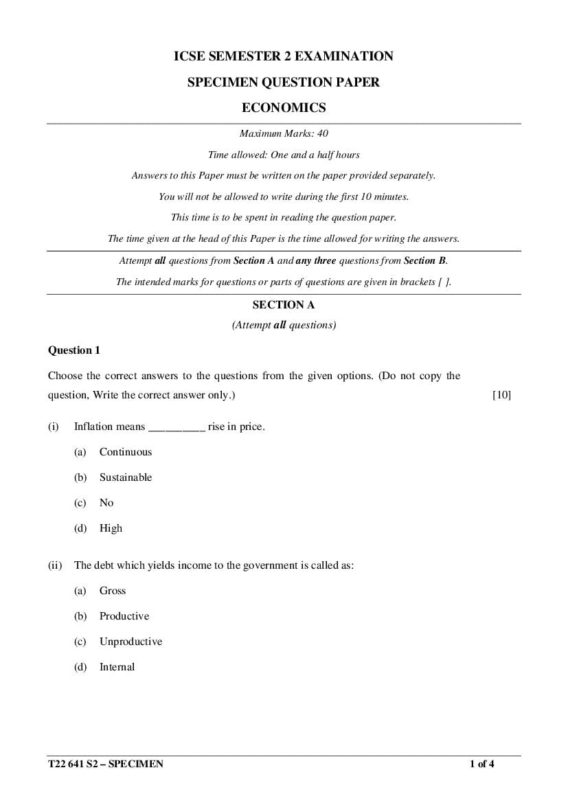 ICSE Class 10 Specimen Paper 2022 Economics Semester 2