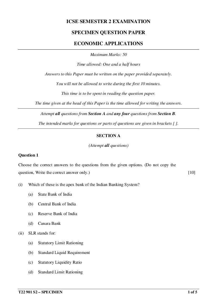 ICSE Class 10 Specimen Paper 2022 Economic Applications Semester 2 - Page 1