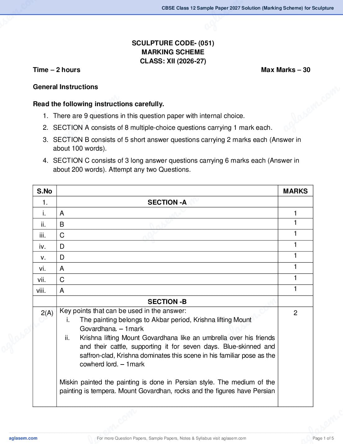 CBSE Class 12 Sample Paper 2027 Solution (Marking Scheme) for Sculpture - Page 1 of 5