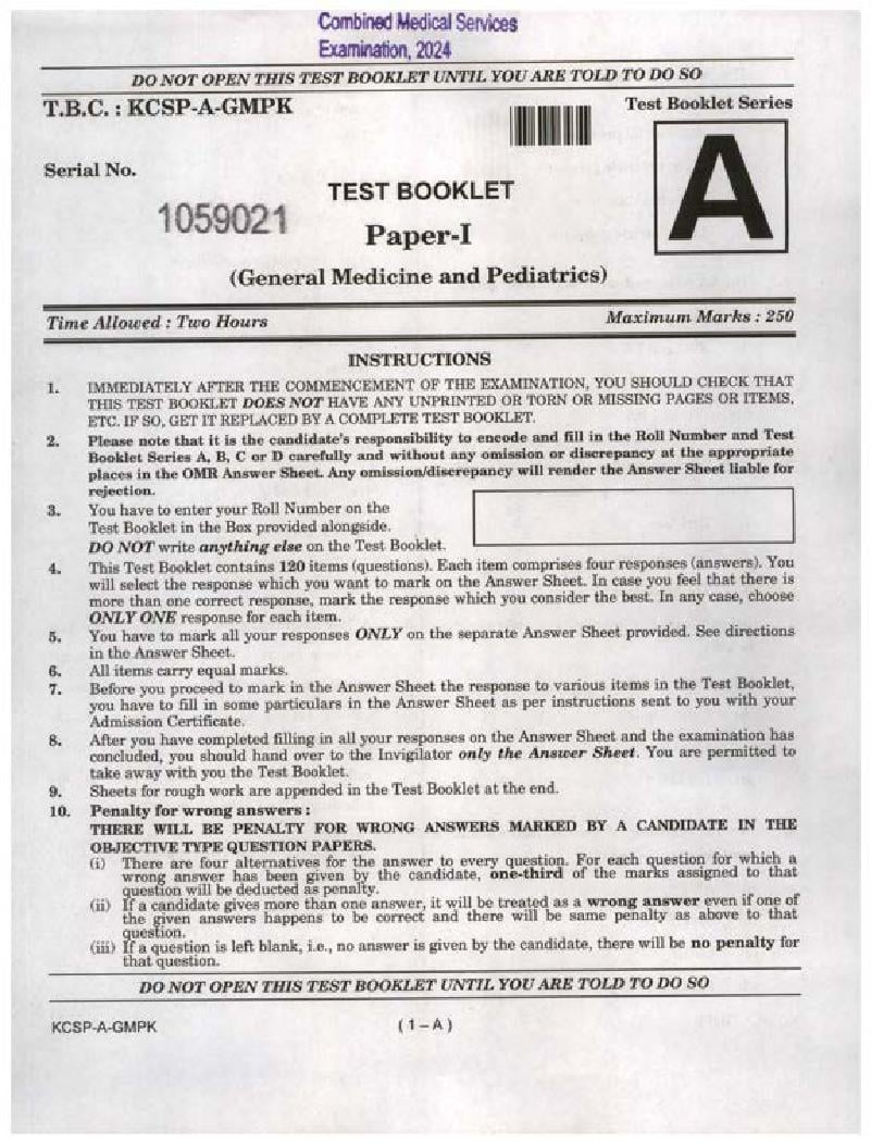 UPSC CMS 2024 Question Paper I General Medicine and Pediatrics - Page 1 of 28
