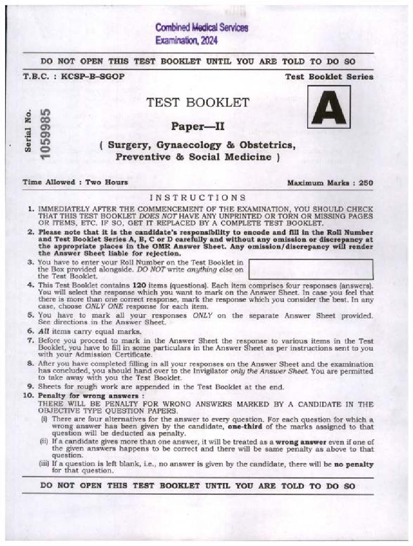 UPSC CMS 2024 Question Paper II Surgery, Genecology and Obstetrics, Preventive and Social Medicine - Page 1 of 32
