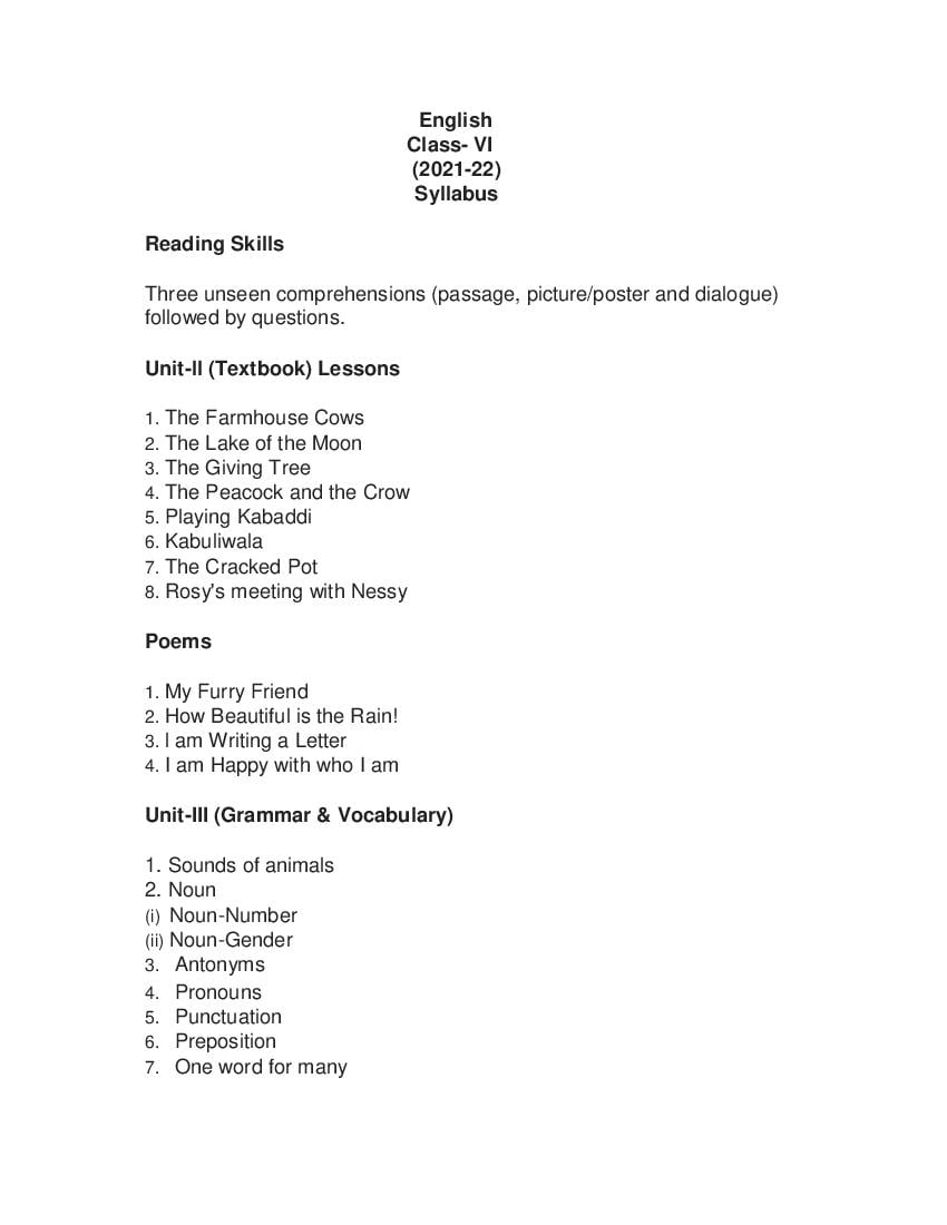 PSEB Syllabus 2021-22 for Class 6 English - Page 1