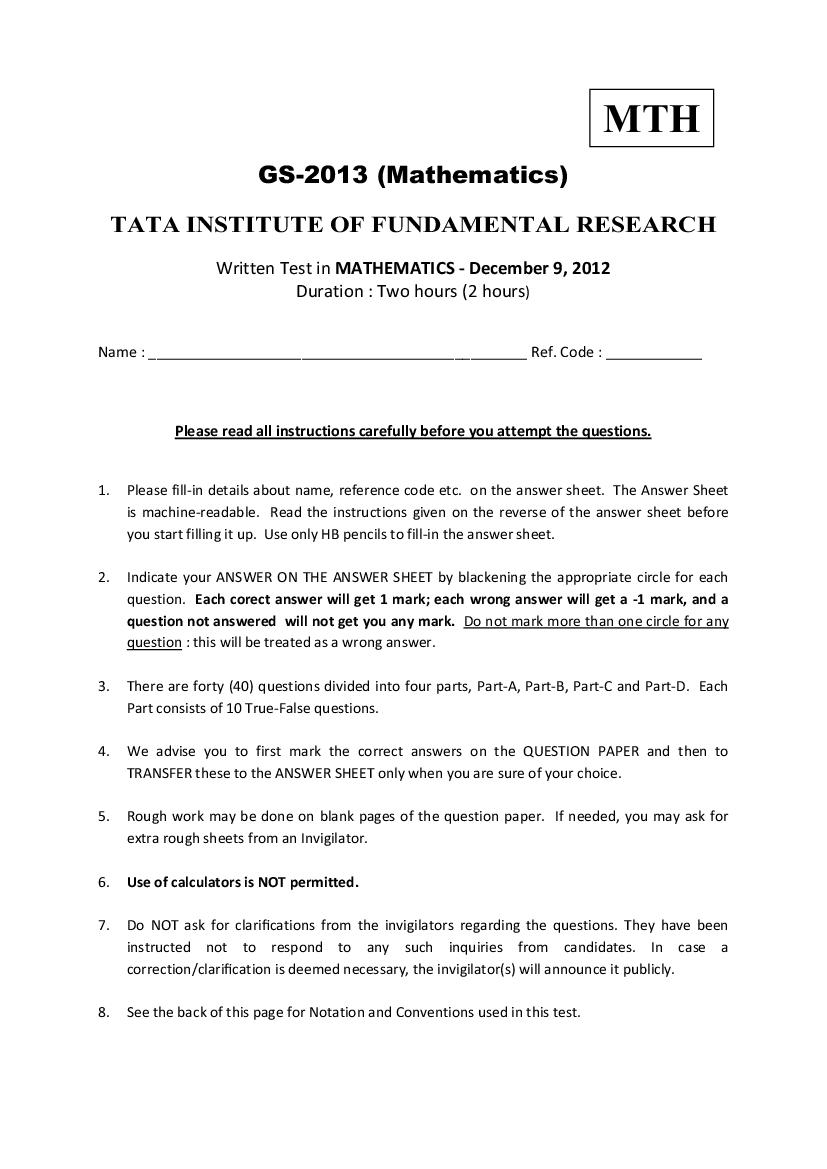 TIFR GS 2013 Question Paper Mathematics - Page 1 of 6