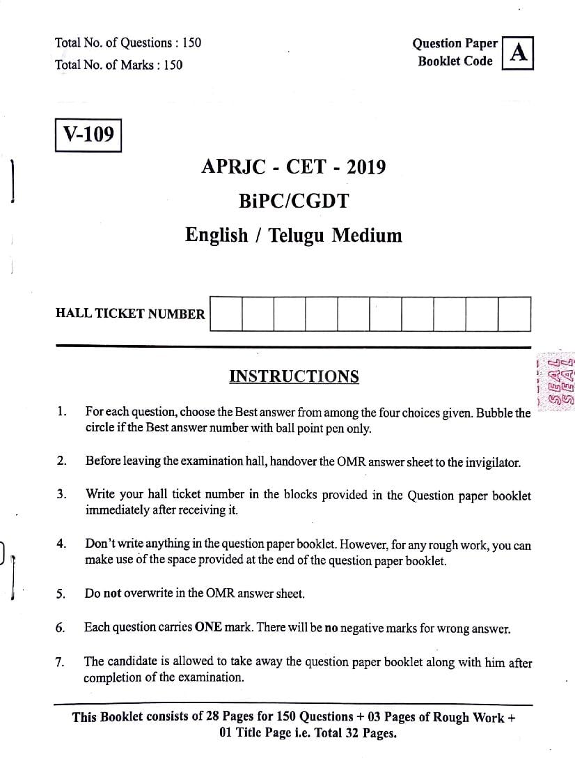 APRJC CET 2019 Question Paper BiPC CGDM - Page 1