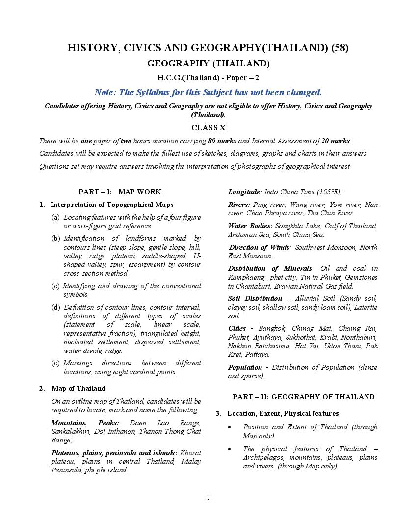 ICSE Class 10 Syllabus 2023 Geography (Thailand) (Revised) - Page 1