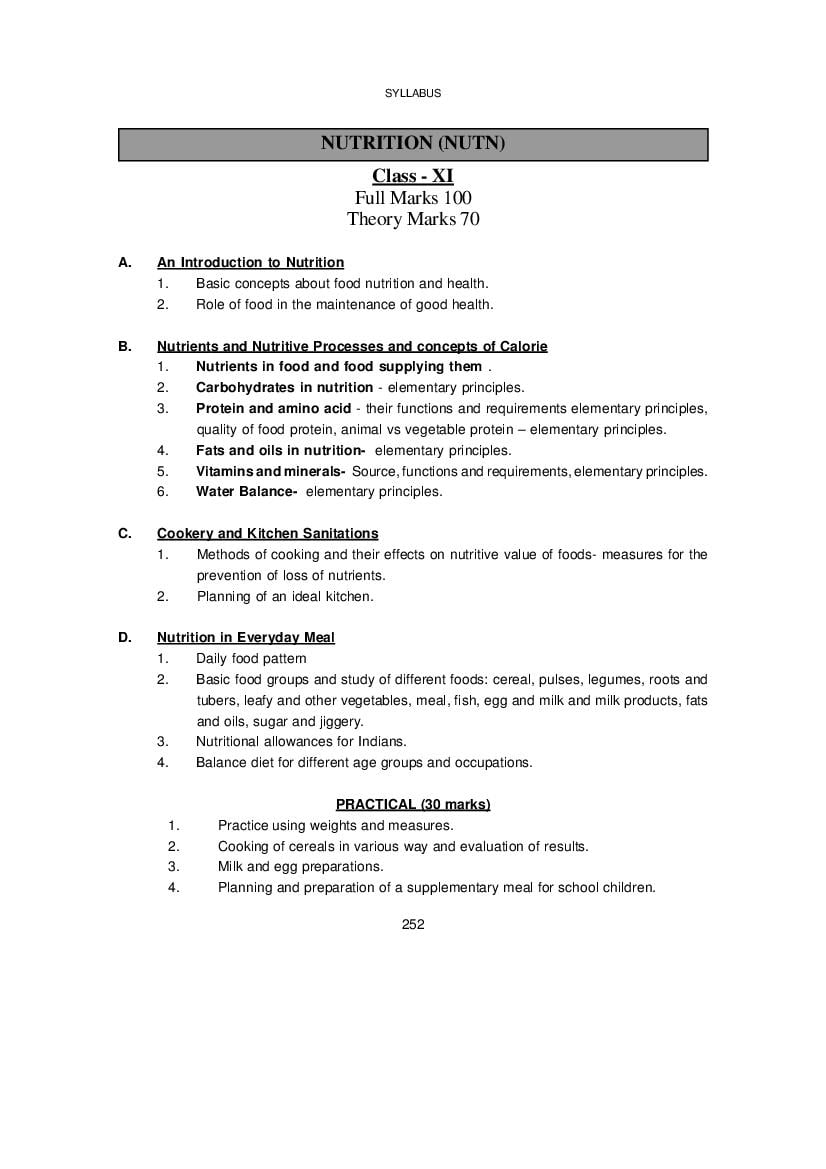 WBCHSE Class 11 Syllabus for Nutrition - Page 1