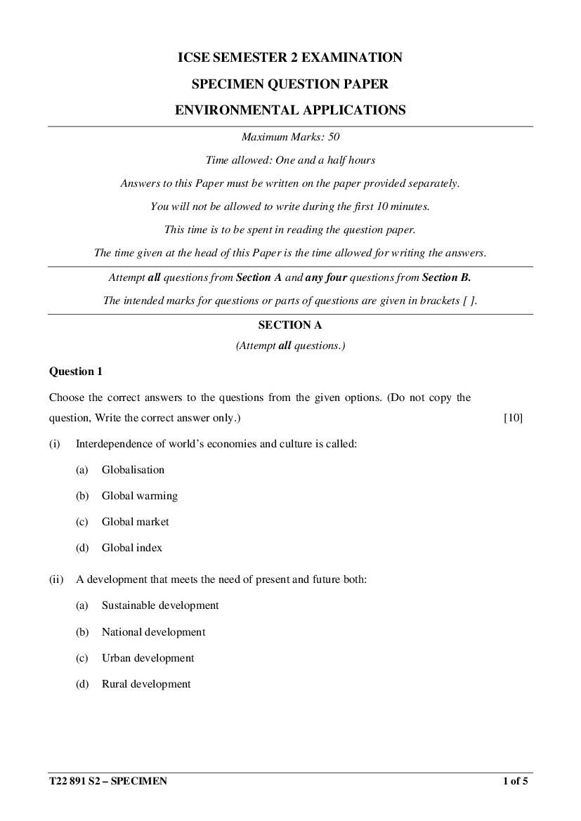 ICSE Class 10 Specimen Paper 2022 Environmental Application Semester 2 - Page 1