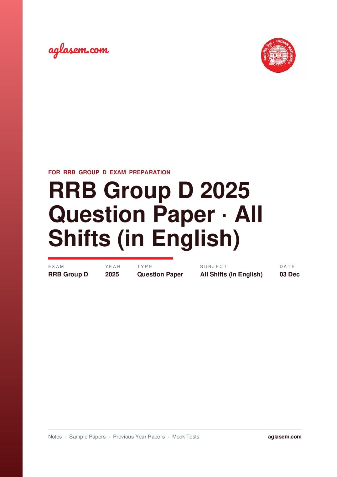 RRB Group D 2025 Question Paper 03 Dec All Shifts (in English) - Page 1 of 49