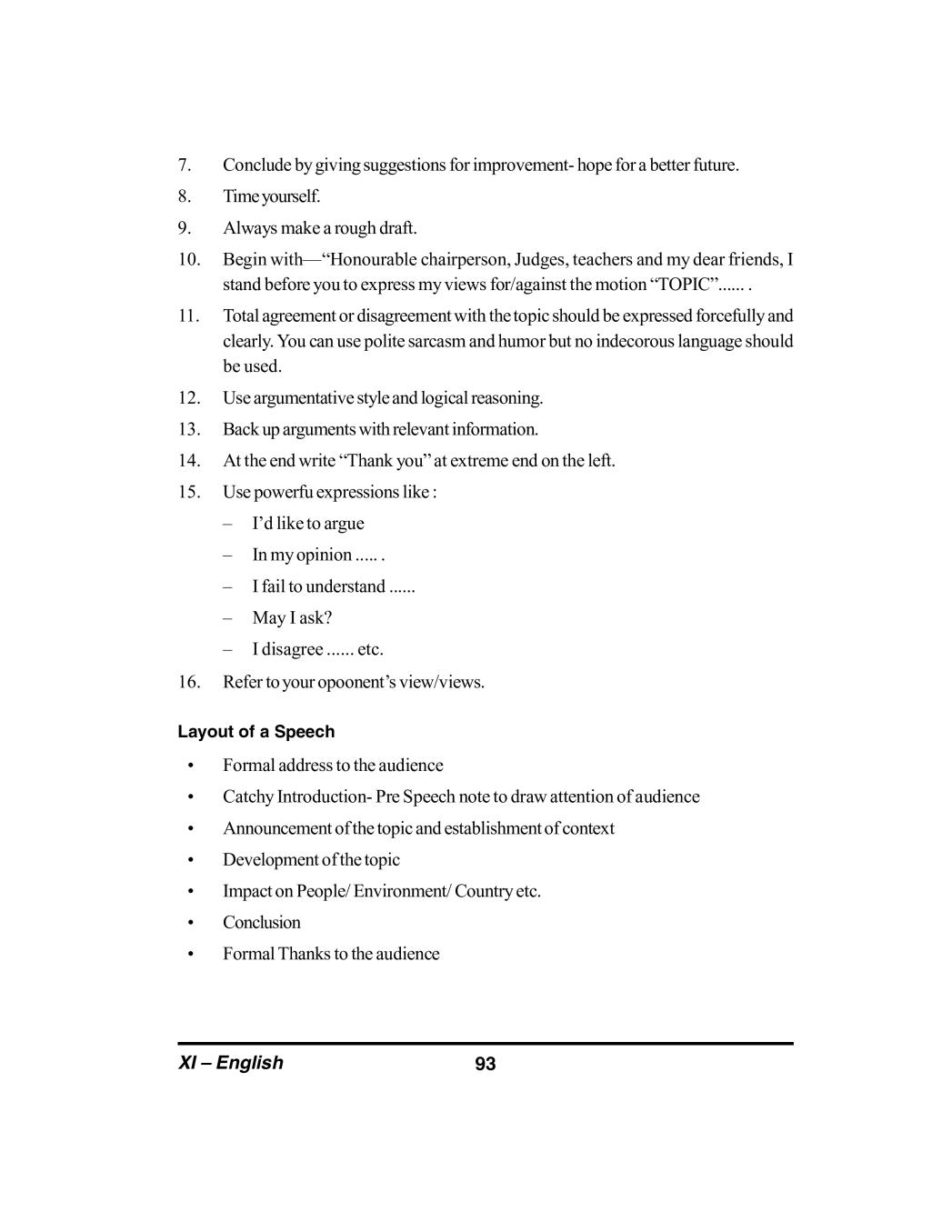 what is the format of speech writing class 11th