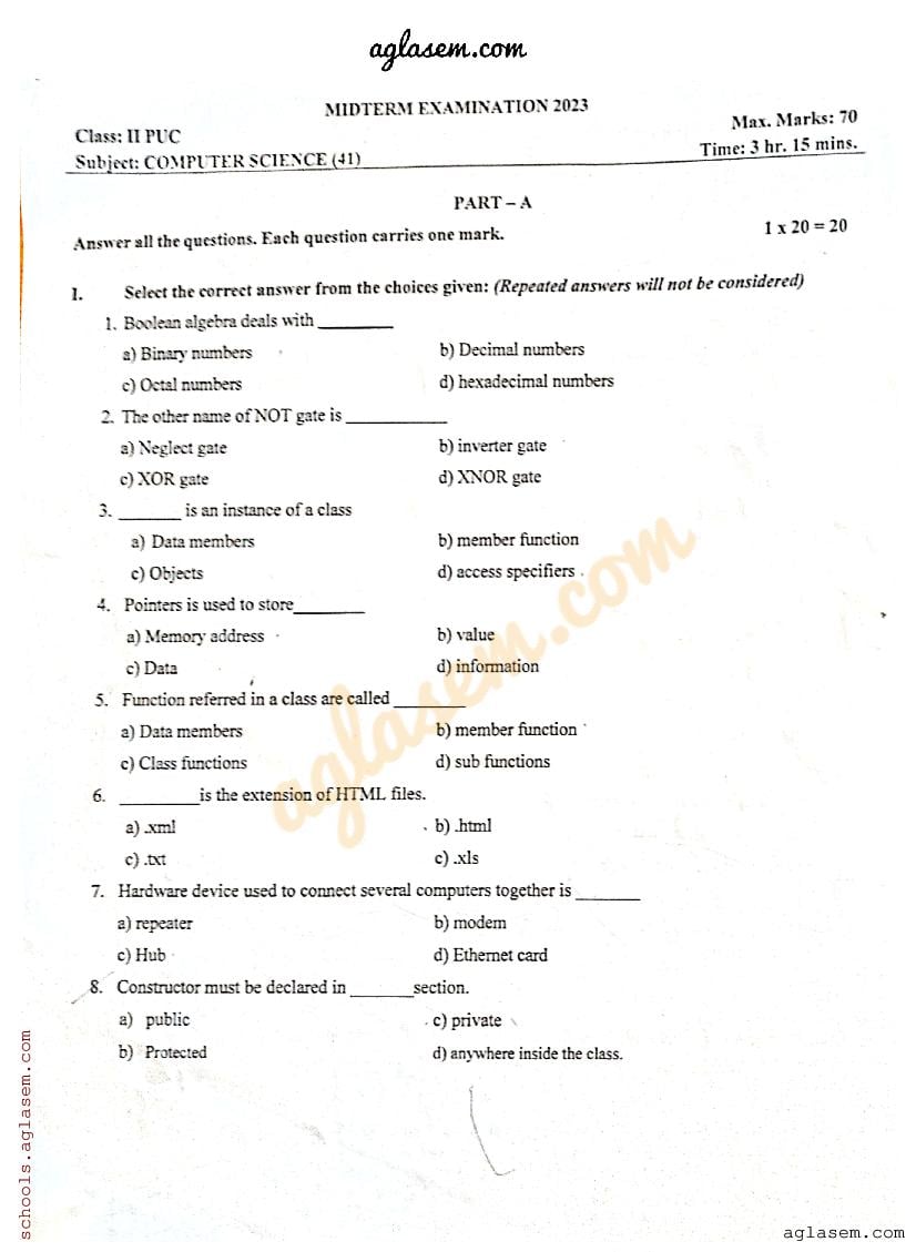 Karnataka 2nd PUC Mid Term Question Paper 2023 Computer Science - Page 1