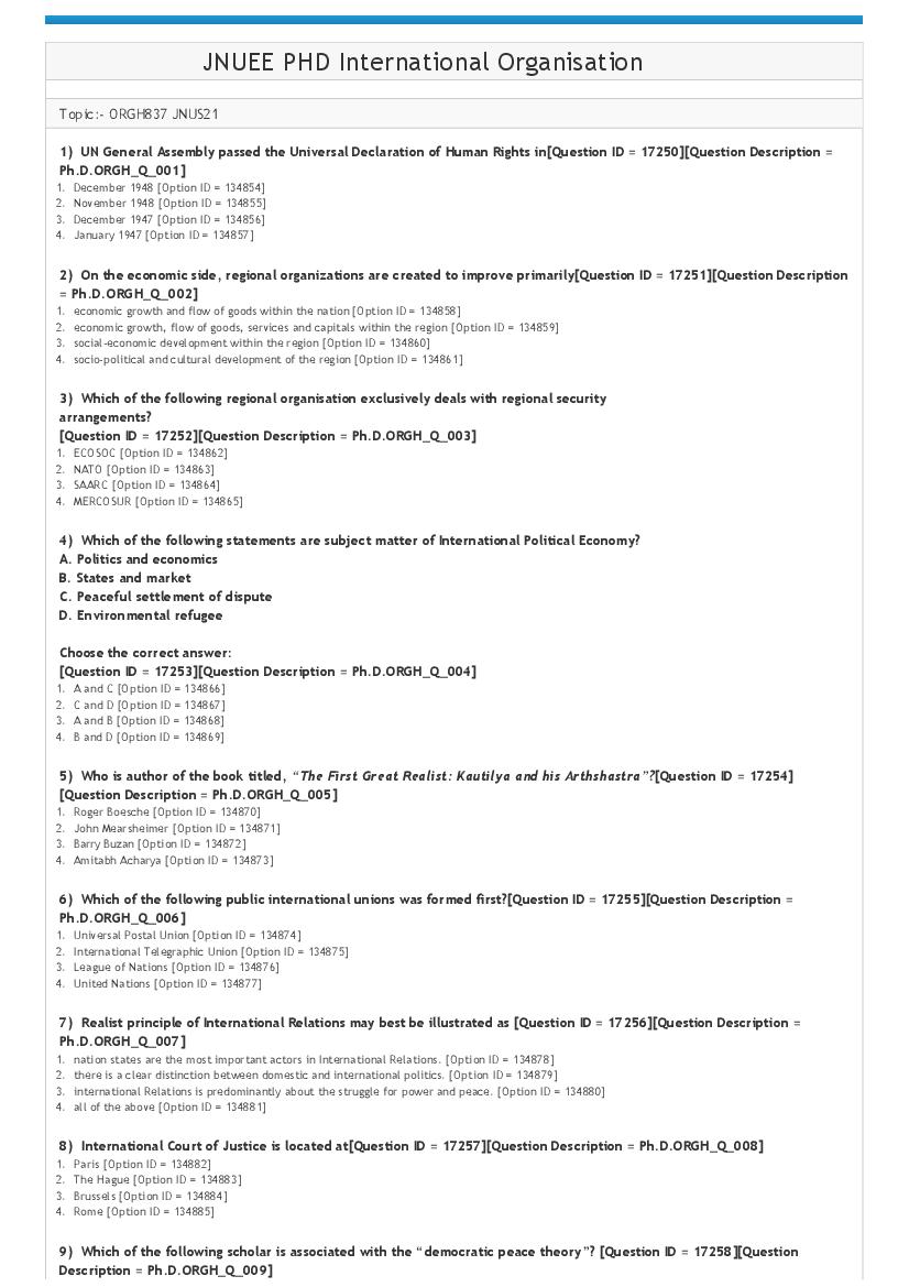 JNUEE 2021 Question Paper Ph.D International Organisation - Page 1