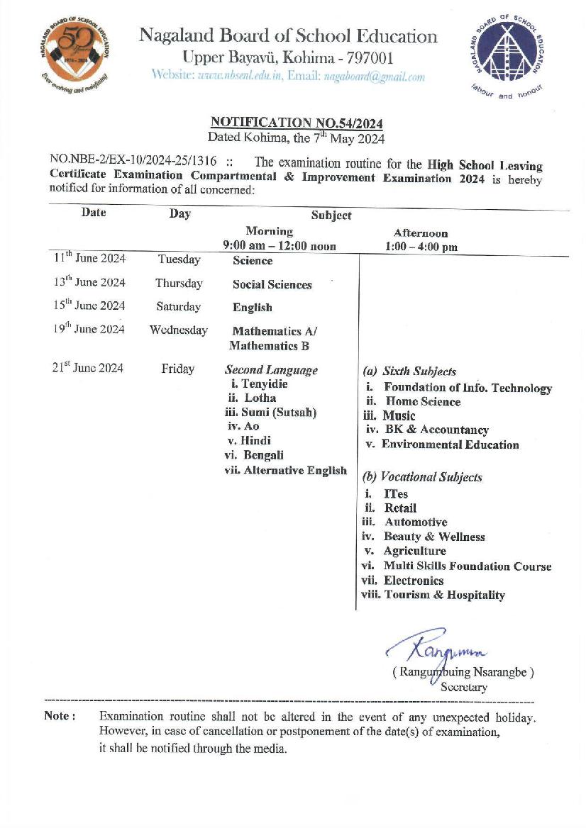 NBSE HSLC Routine 2024 (PDF Out) Download Nagaland Board Class 10th