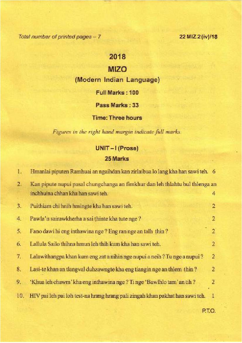 Manipur Board Class 12 Question Paper 2018 for Mizo - Page 1
