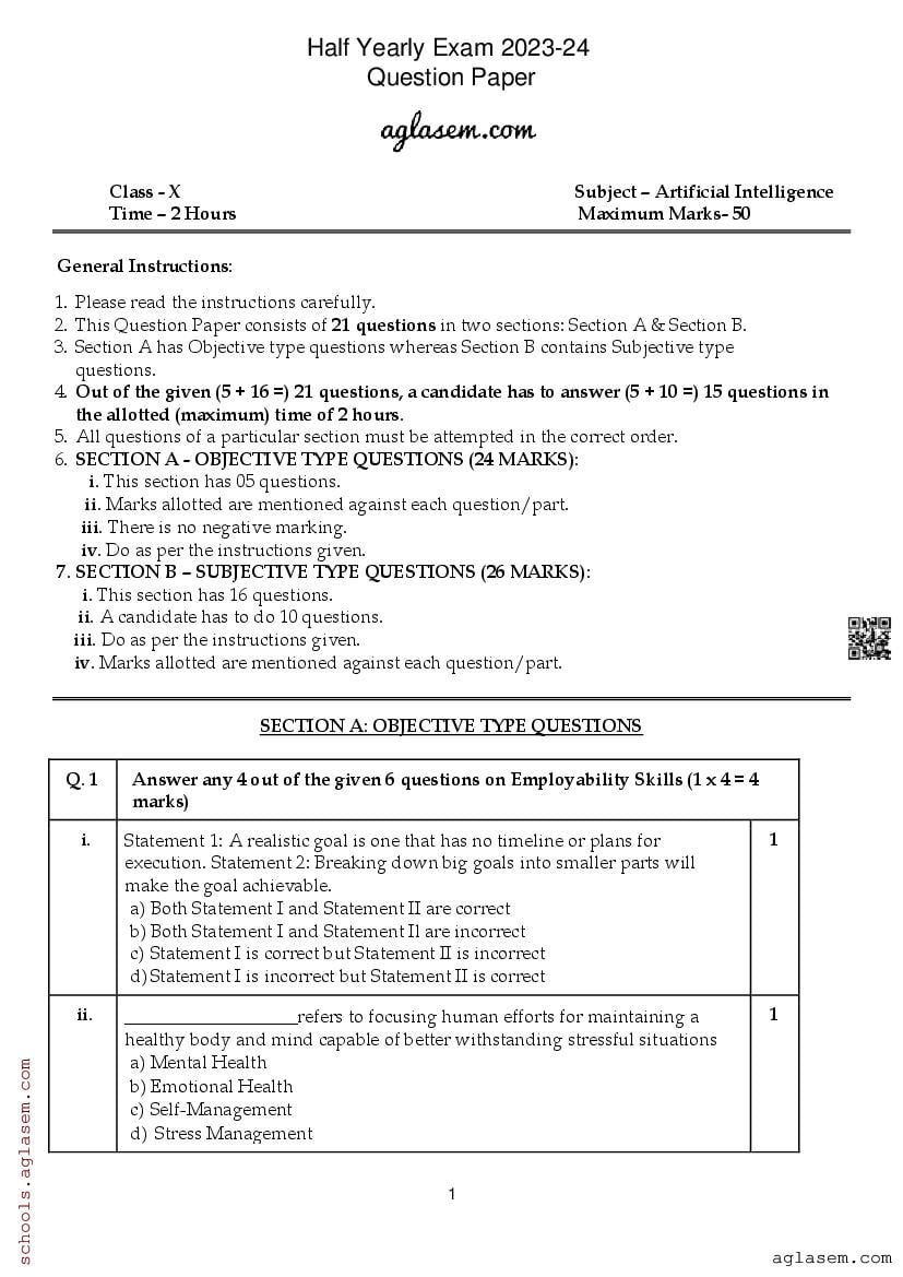 Class 10 Artificial Intelligence Half Yearly Question Paper 2024 ...