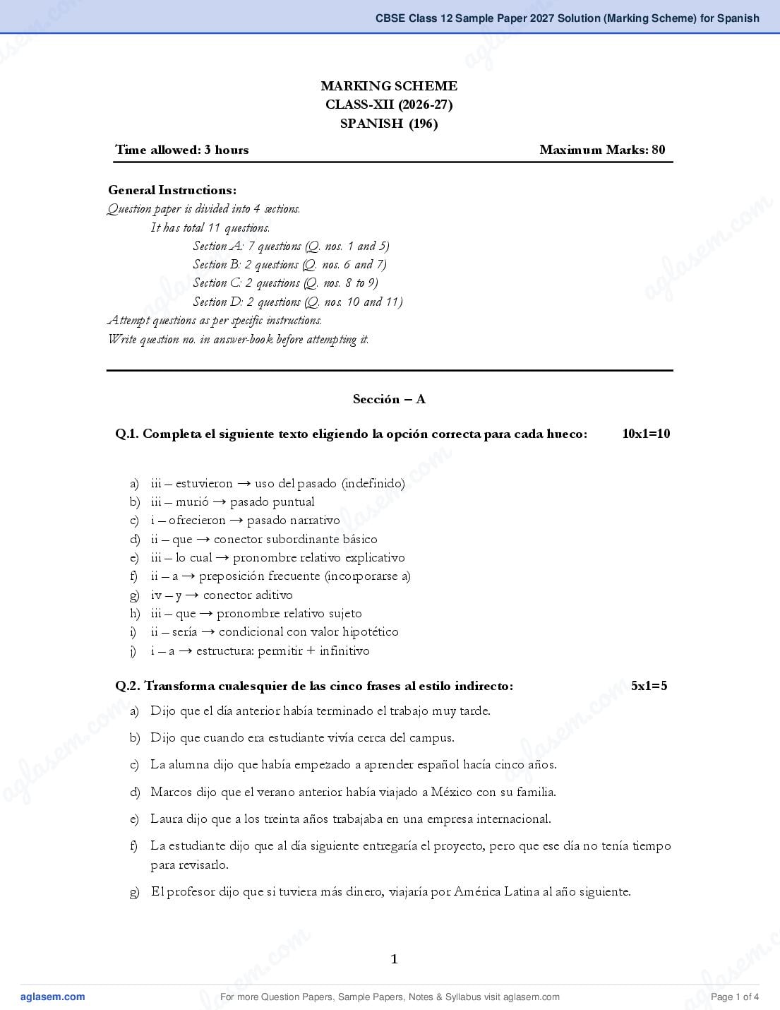 CBSE Class 12 Sample Paper 2027 Solution (Marking Scheme) for Spanish - Page 1 of 4