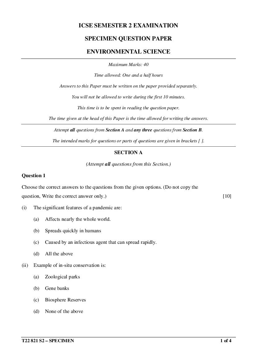 ICSE Class 10 Specimen Paper 2022 Environmental Science Semester 2 - Page 1