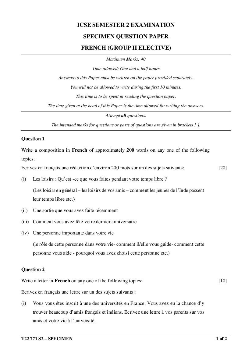 ICSE Class 10 Specimen Paper 2022 French Group 1 Semester 2 - Page 1