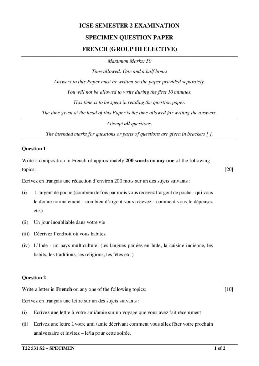 ICSE Class 10 Specimen Paper 2022 French Group 2 Semester 2 - Page 1