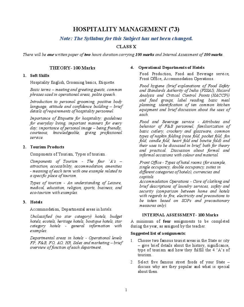 ICSE Class 10 Syllabus 2023 Hospitality Management (Revised) - Page 1