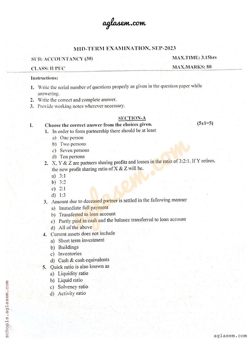 Karnataka 2nd PUC Mid Term Question Paper 2023 Accountancy - Page 1