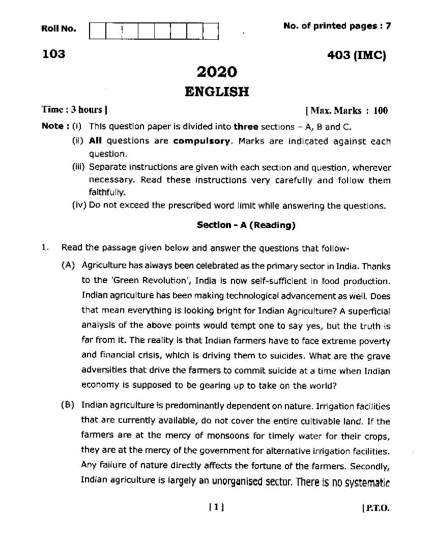 Uttarakhand Board Class 12 Question Paper 2020 for English - Page 1