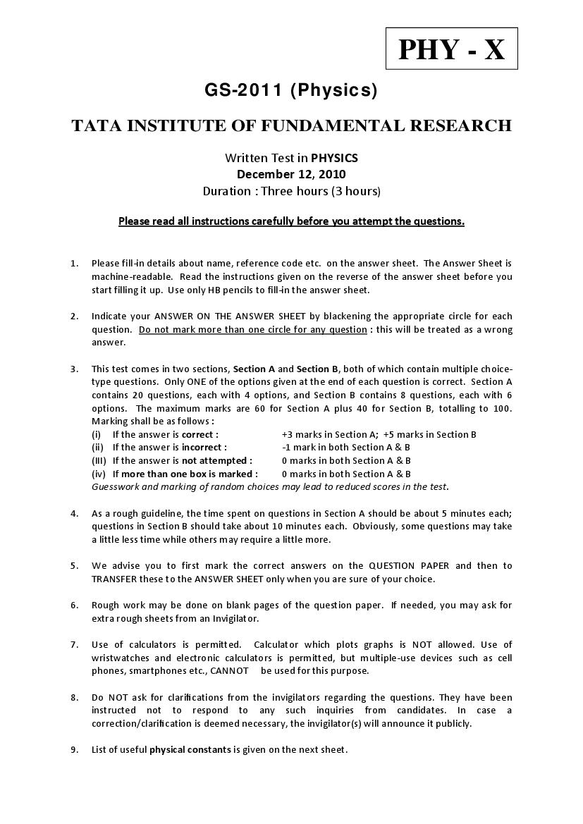 TIFR GS 2011 Question Paper Physics - Page 1 of 13