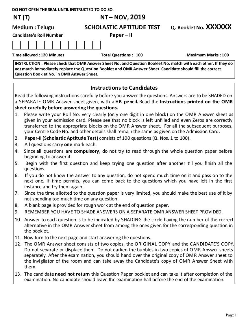AP NTSE 2019-20 Question Paper SAT (Telugu) - Page 1