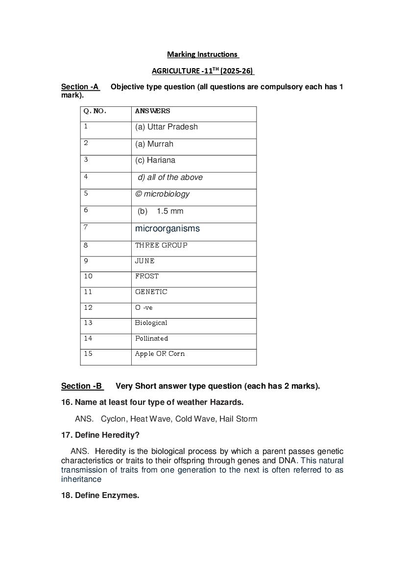 HBSE Class 11 Sample Paper 2026 Answers Agriculture - Page 1
