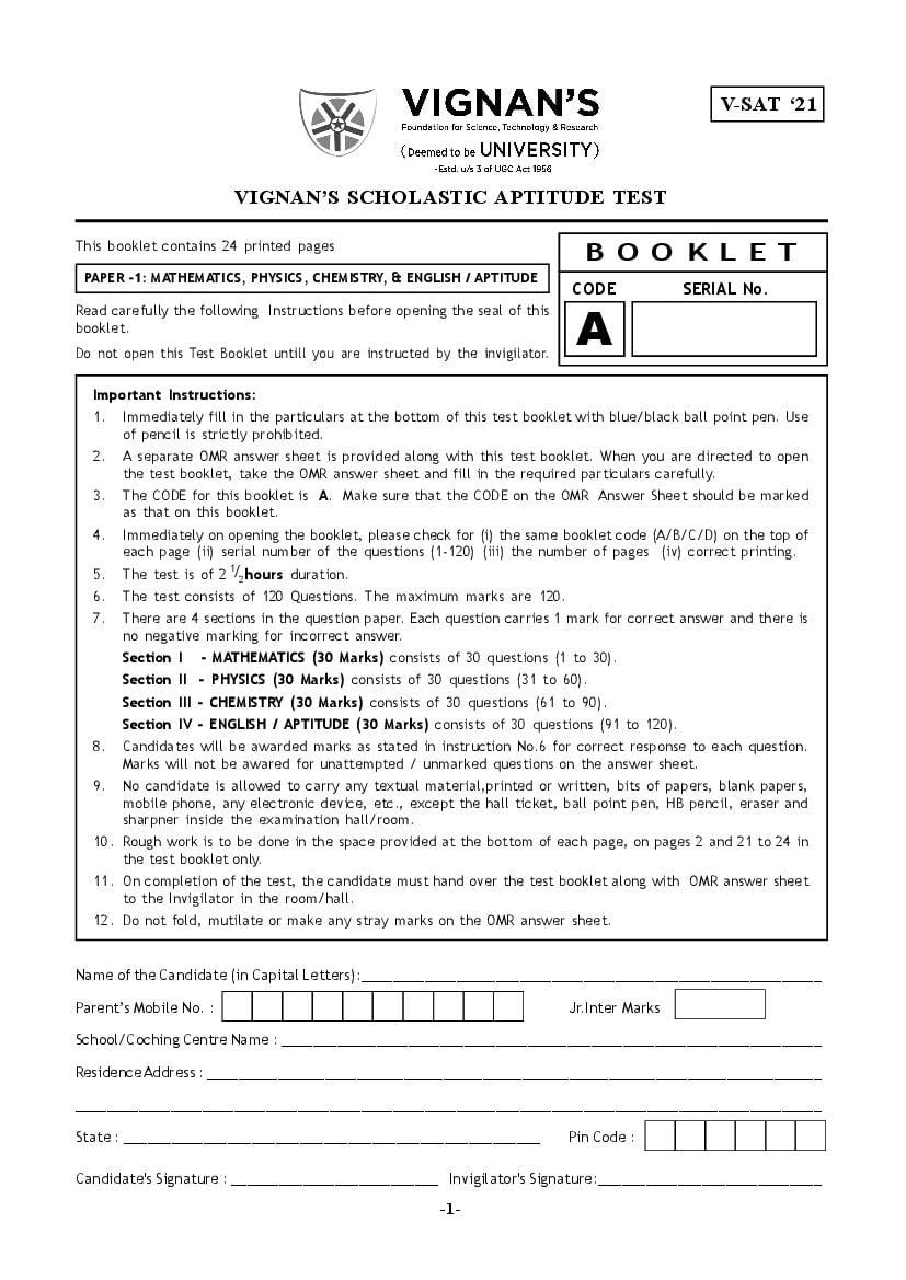 VSAT Sample Paper for PCM - Page 1
