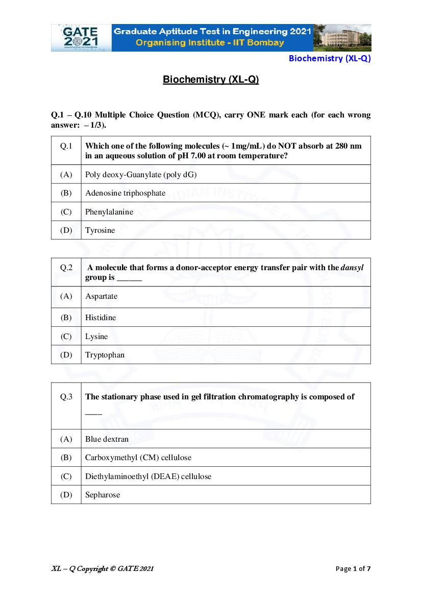 GATE 2021 Question Paper XL Q Life Sciences - Biochemistry - Page 1