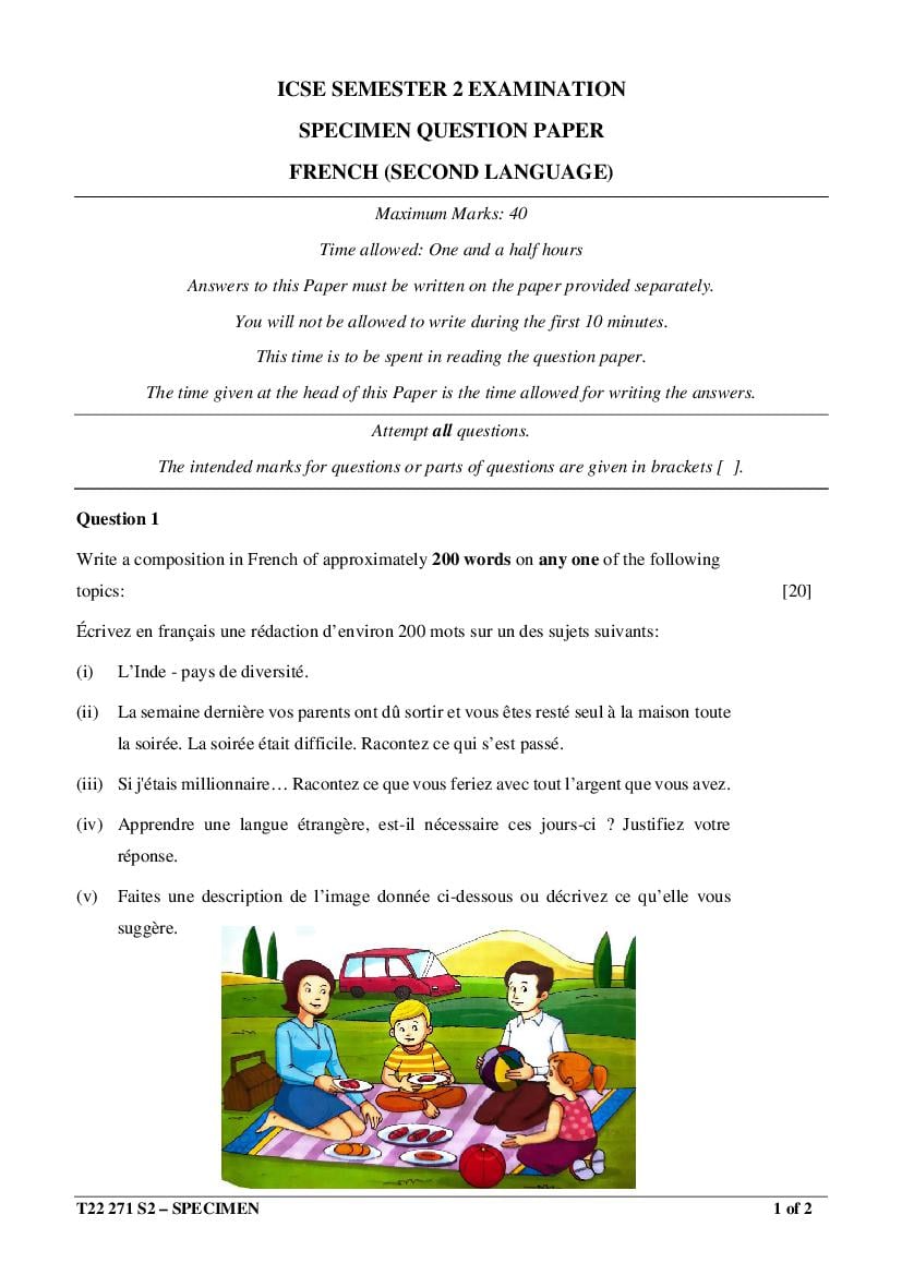 ICSE Class 10 Specimen Paper 2022 French Semester 2 - Page 1