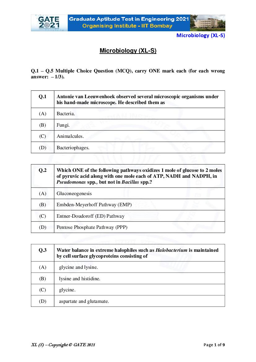 GATE 2021 Question Paper XL S Life Sciences - Microbiology - Page 1