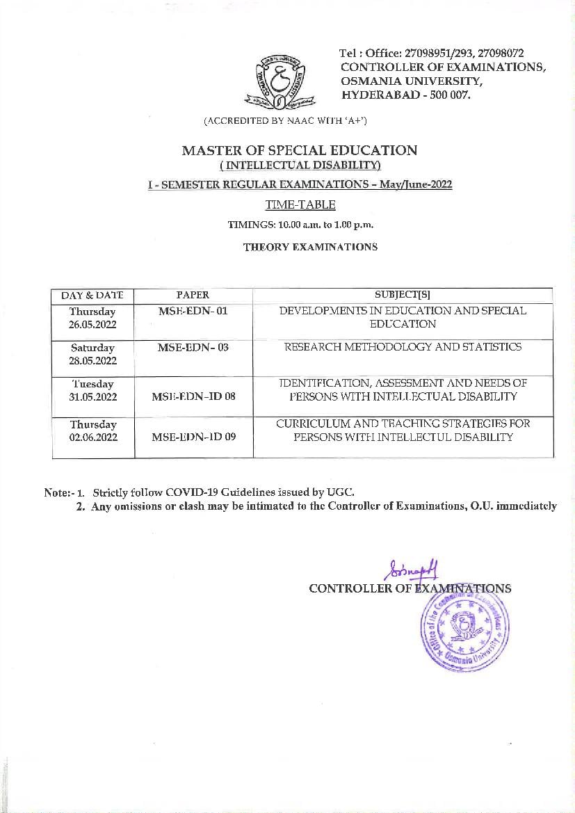 Osmania University Time Table for Master of Special Education 1 & 3 Sem