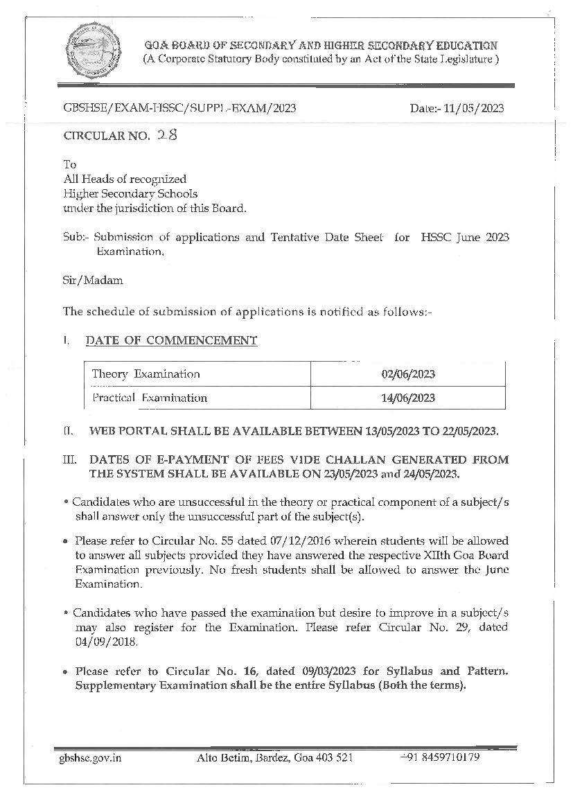 Goa HSSC Supplementary Time Table 2023 - Page 1