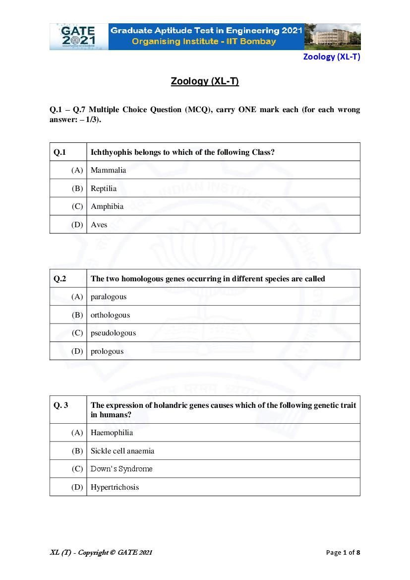 GATE 2021 Question Paper XL T Life Sciences - Zoology - Page 1