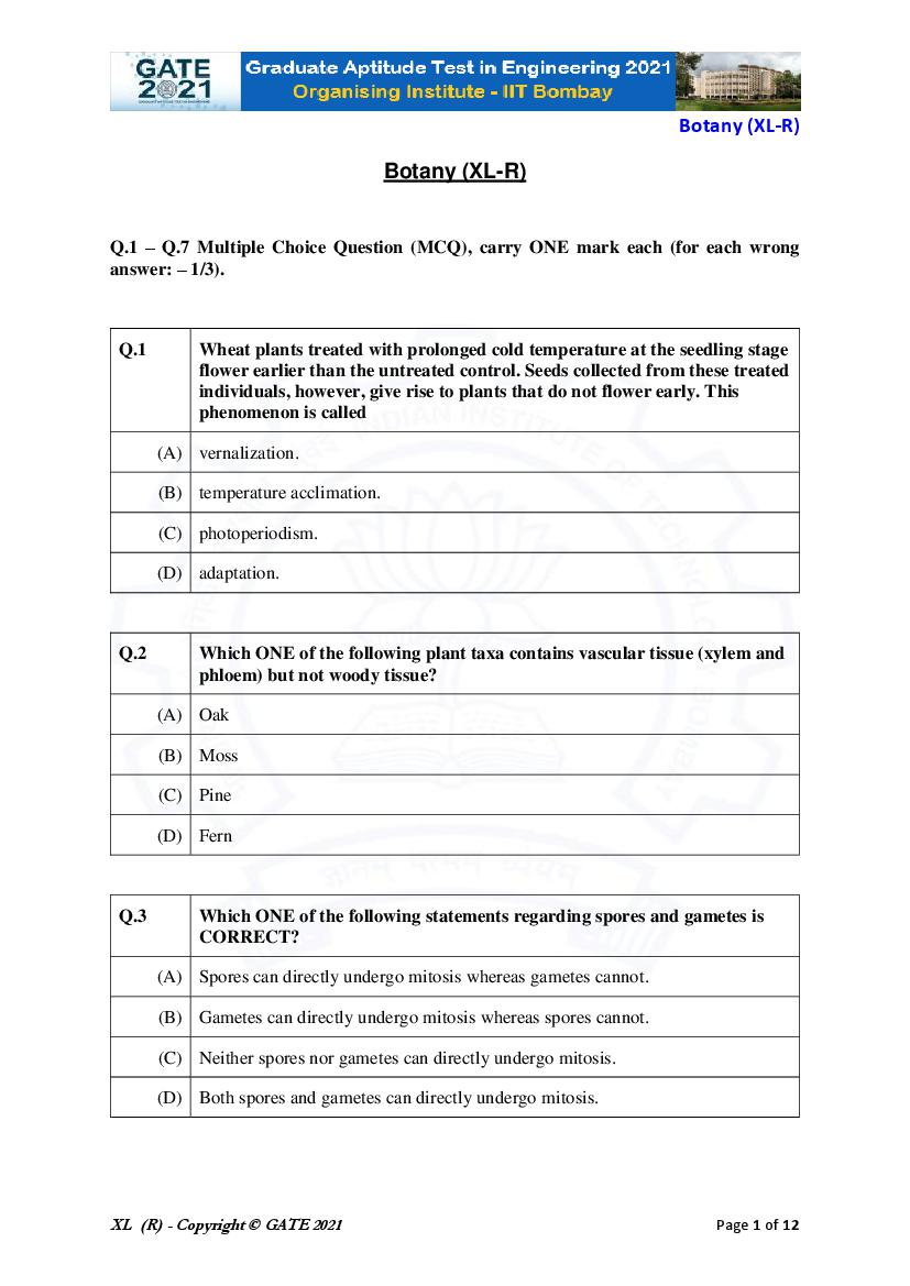 GATE 2021 Question Paper XL R Life Sciences - Botany - Page 1