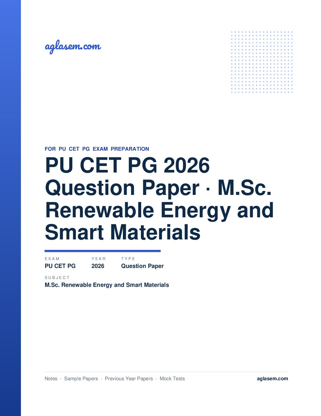 PU CET PG 2026 Question Paper M.Sc. Renewable Energy and Smart Materials - Page 1 of 9