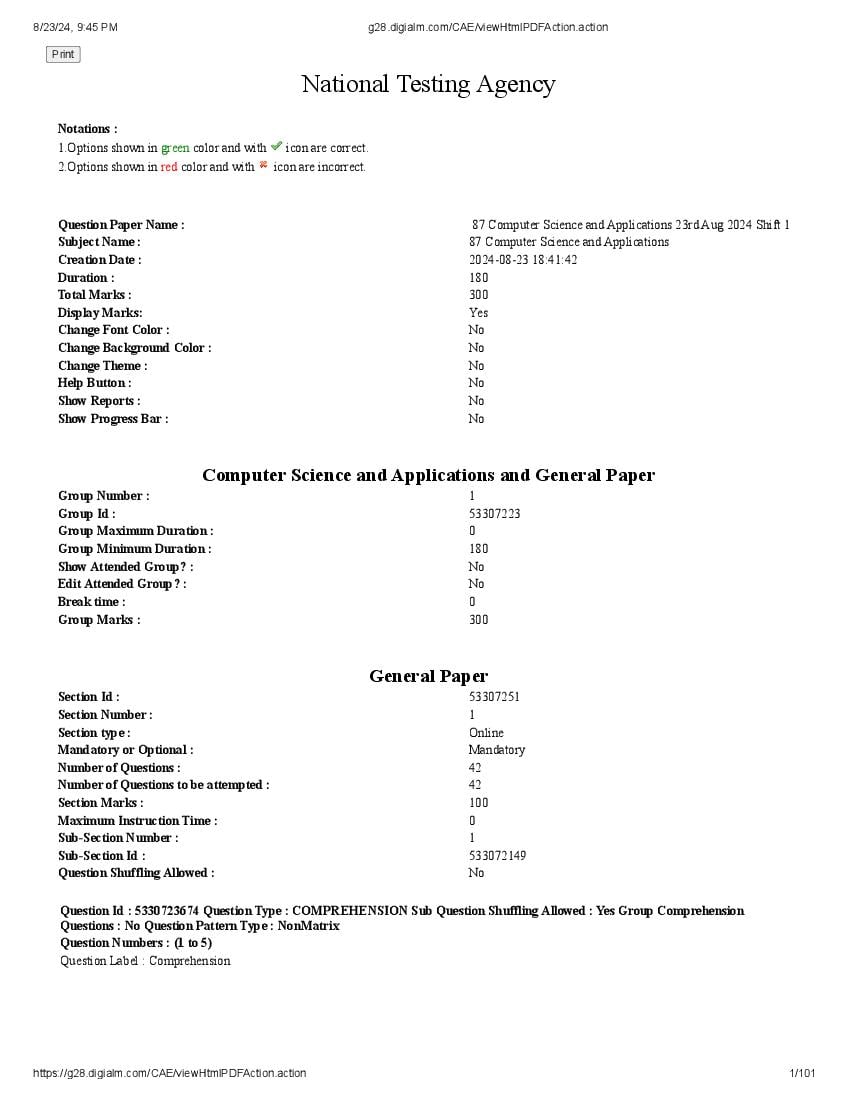 UGC NET 2024 Question Paper Computer Science and Applications - Page 1
