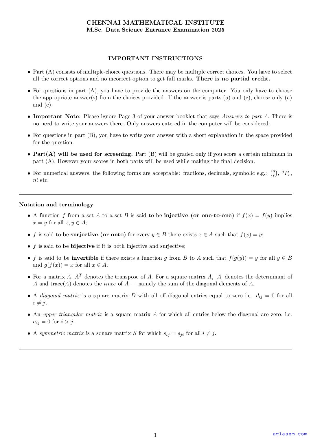 CMI Entrance Exam 2025 Question Paper Solution M.Sc Data Science - Page 1 of 10