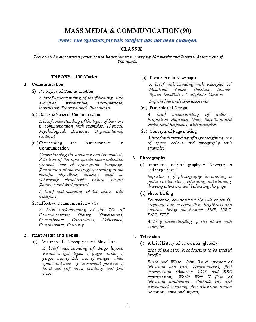 ICSE Class 10 Syllabus 2023 Mass Media And Communication (Revised) - Page 1