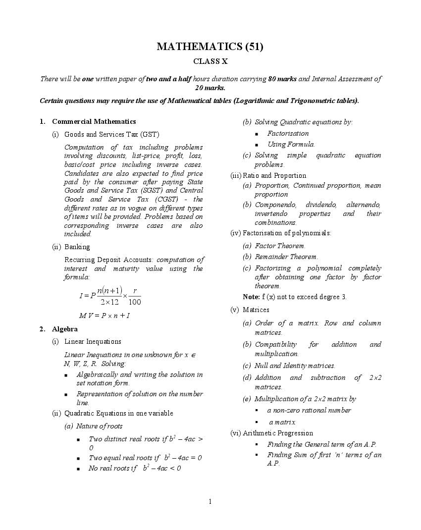 ICSE Class 10 Syllabus 2023 Mathematics (Revised) - Page 1