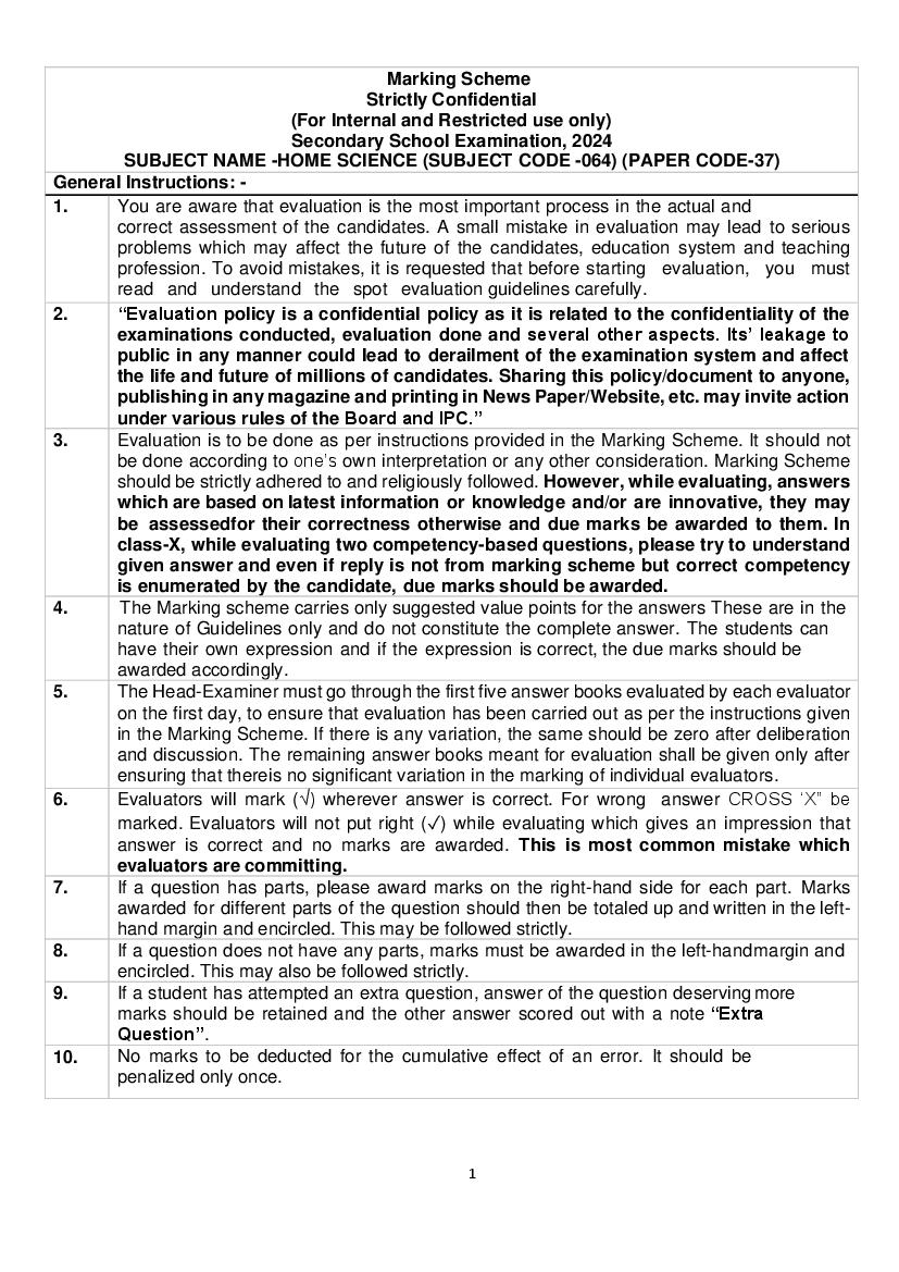 CBSE Class 10 Question Paper 2024 Solution Home Science - Page 1